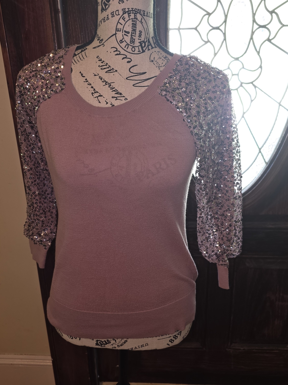 American Eagle Sequin Sleeve Sweater - Dusty Rose Medium